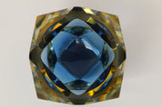 Cendrier en verre Murano sommerso, forme diamant, couleurs bleu et jaune