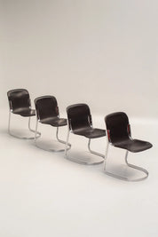Set de 4 chaises cantilever attribuées à Willy Rizzo structure chromée et assise marron